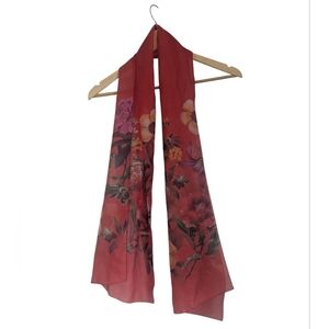 2/$15 Woman's Faux Silk Sheer Floral Red Scarf- Lightweight